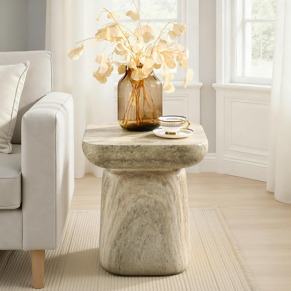 Concrete Pedestal Side Table with Faux Marble Finish