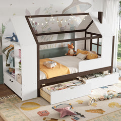 Twin Size House Platform Bed with Storage Drawers, Wardrobe & Shelves