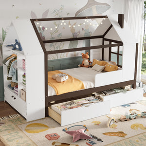 Twin Size House Platform Bed with Storage Drawers, Wardrobe & Shelves