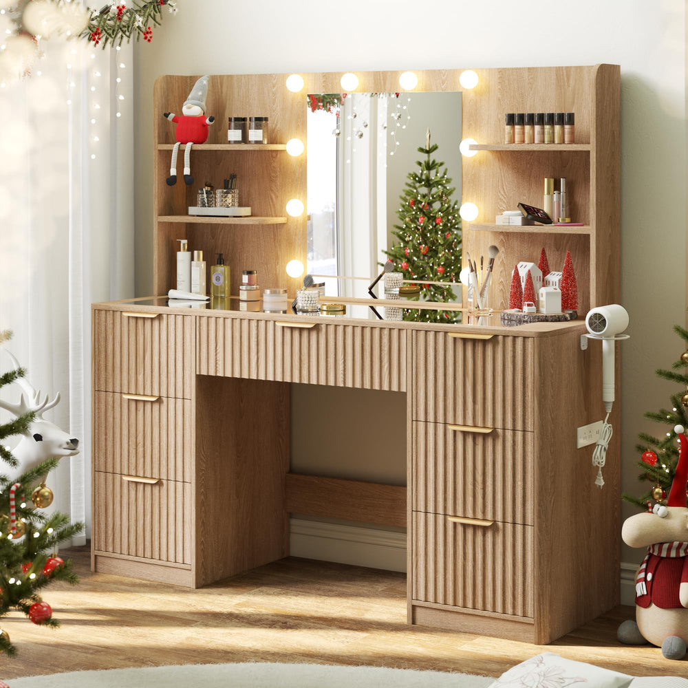 47" Fluted Makeup Vanity Desk with Mirror & LED Lights