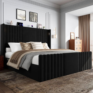 Wingback Velvet Platform Bed with Reading Lights & Charging Station