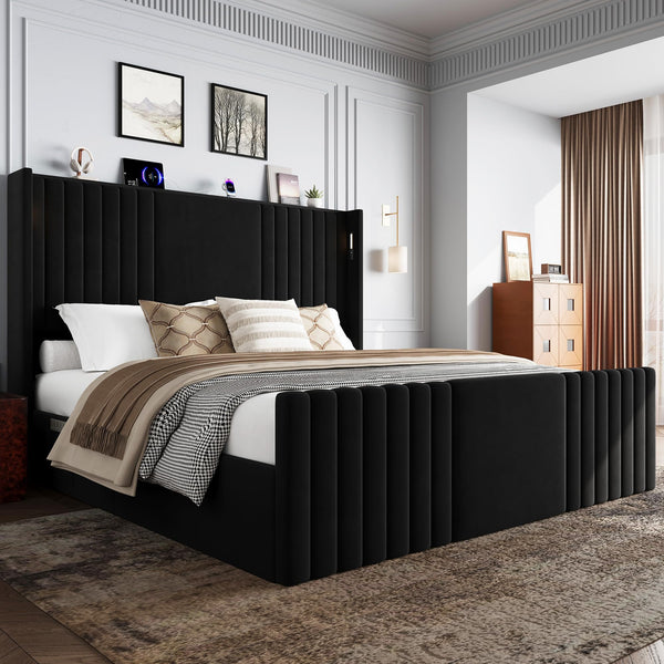 Wingback Velvet Platform Bed with Reading Lights & Charging Station