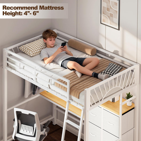 Twin Loft Bed with Desk, Storage Drawers & LED Lights