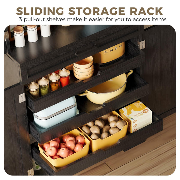 Farmhouse Kitchen Pantry Cabinet with Sliding Racks & Door Shelves