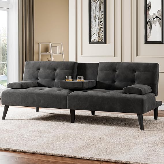 Convertible Futon Sofa Bed with Cup Holders & Adjustable Backrest