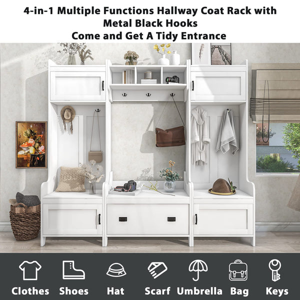 White Entryway Hall Tree with Bench & Shoe Storage