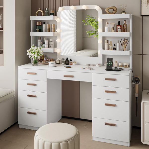 Makeup Vanity Table with LED Mirror, 9 Drawers & 6 Shelves
