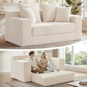 Convertible Sofa Bed Boneless Loveseat Sleeper with 4 Pillows & Detachable Cushion