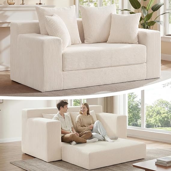 Convertible Sofa Bed Boneless Loveseat Sleeper with 4 Pillows & Detachable Cushion