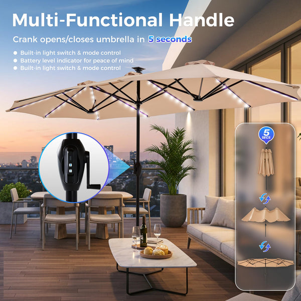 13ft Double-Sided Patio Umbrella with 120 LED Solar Lights & 12 Ribs