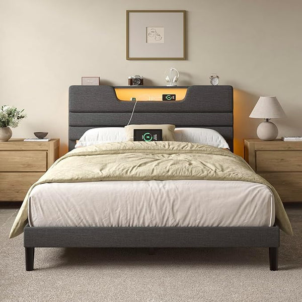 Queen Platform Bed with LED Lights & Charging Station