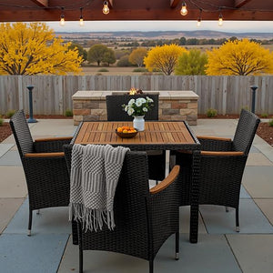 7-Piece Outdoor Patio Dining Set with Rattan Chairs & Acacia Wood Table