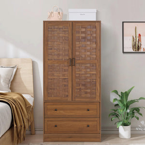 Armoire Wardrobe Closet with Woven Doors, Drawers & Hanging Rail