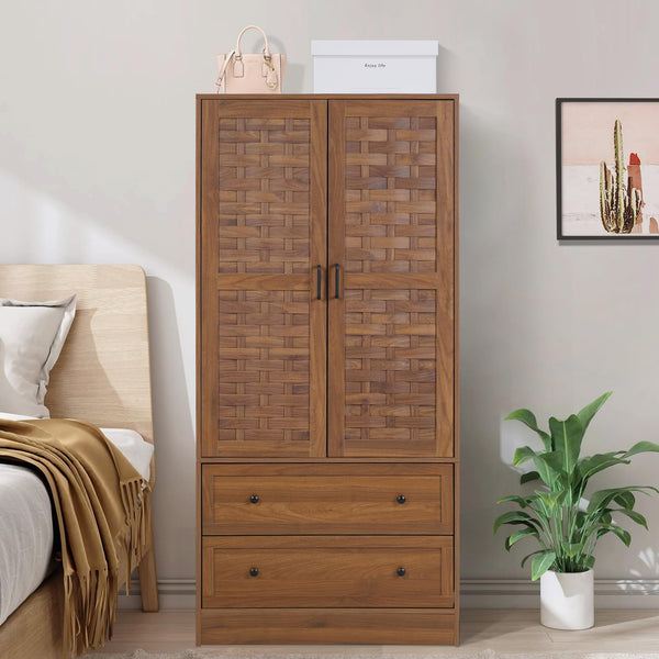 Armoire Wardrobe Closet with Woven Doors, Drawers & Hanging Rail