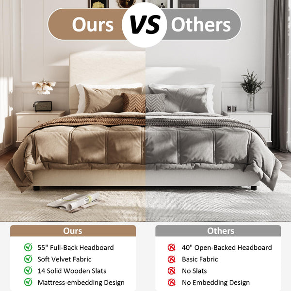 Queen Velvet Sleigh Bed Frame with Tall Headboard