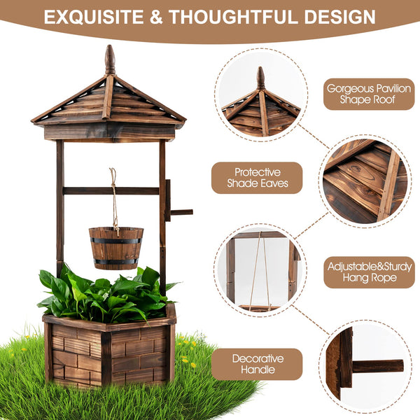 Wooden Wishing Well Planter with Hanging Bucket