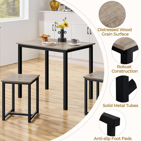3-Piece Industrial Dining Table Set with 2 Stools