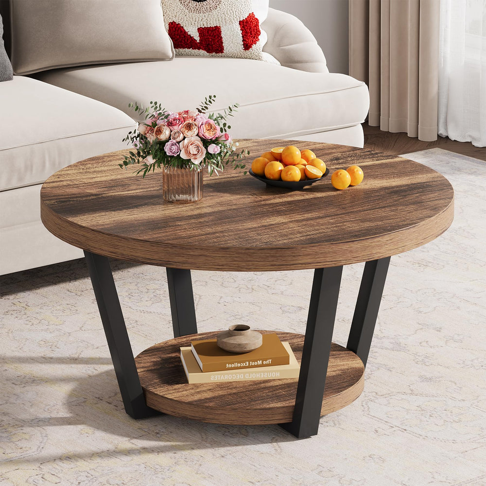 Round Coffee Table with Storage Shelf, 2-Tier