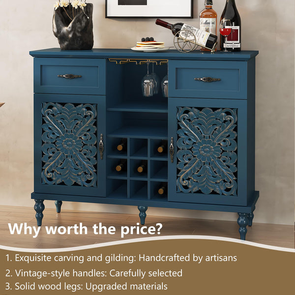 Vintage Wine Bar Cabinet with Carved Doors, Wine Racks & Glass Holder