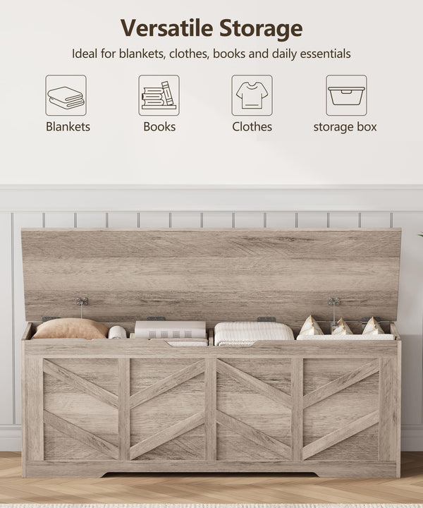 Extra Large Storage Bench with Safety Hinges – 51.2" Wooden Trunk
