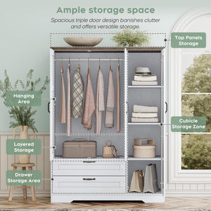 3-Door Wardrobe with Mirror, Drawers & Hanging Rod