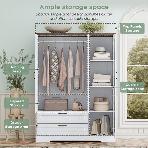 3-Door Wardrobe with Mirror, Drawers & Hanging Rod
