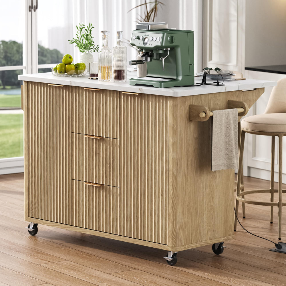 Rolling Kitchen Island with Drop Leaf, Power Outlet & 3 Drawers