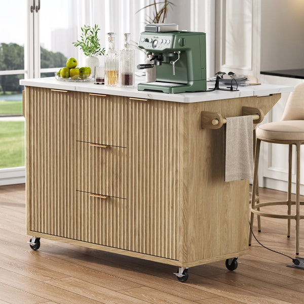 Rolling Kitchen Island with Drop Leaf, Power Outlet & 3 Drawers