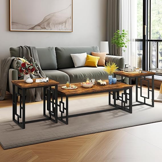 3-Piece Coffee Table and End Table Set – Rustic Brown Wood & Metal