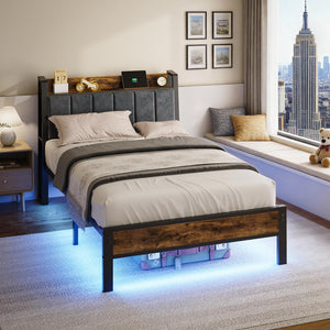 LED Platform Bed Frame with Storage Headboard & Charging Station