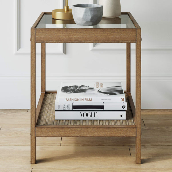 Glass Top End Table with Rattan Shelf & Wood Frame