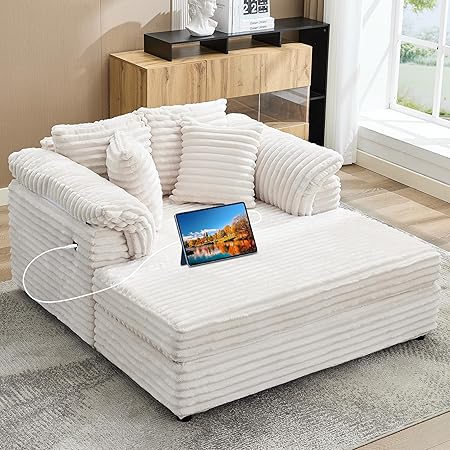 Oversized Chaise Lounge Chair with USB Port & Throw Pillows