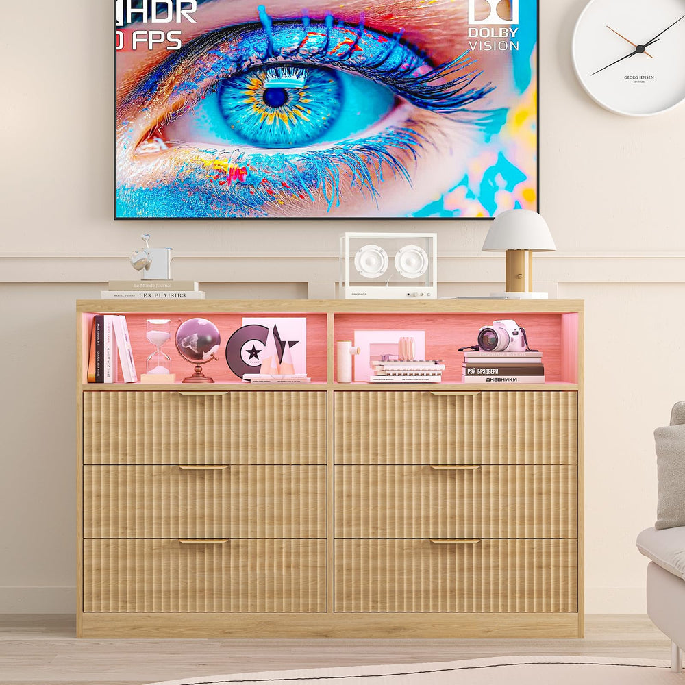 Wooden Dresser TV Stand with LED Lighting & Charging Station