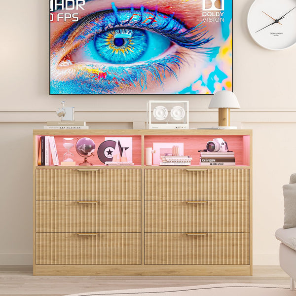 Wooden Dresser TV Stand with LED Lighting & Charging Station