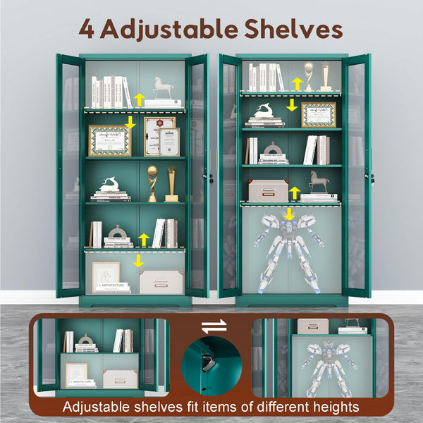 Metal Glass Display Cabinet with Lockable Doors & Adjustable Shelves