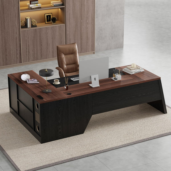 L-Shaped Executive Desk 78-Inch with Power Outlet & File Cabinet