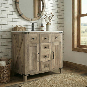 Farmhouse Bathroom Vanity with Sink – Rustic Brown Cabinet, Ceramic Undermount Sink, Faucet & Drain