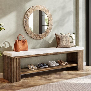 Upholstered Bedroom & Entryway Bench with Faux Sheepskin Cushion