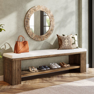 63" Solid Wood Entryway Bench with Removable Cushion & Fluted Legs