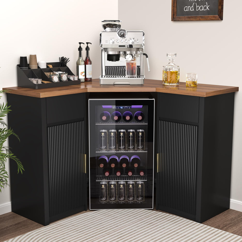 L-Shaped Corner Bar Cabinet with Fridge Space