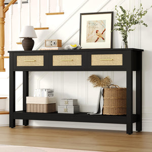 Rattan Console Table with 3 Drawers – Narrow Entryway Sofa Table with Storage