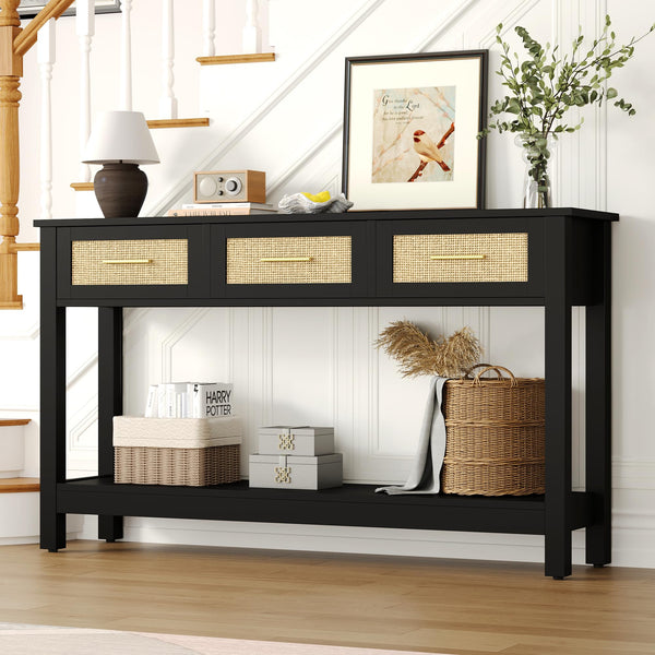 Rattan Console Table with 3 Drawers – Narrow Entryway Sofa Table with Storage
