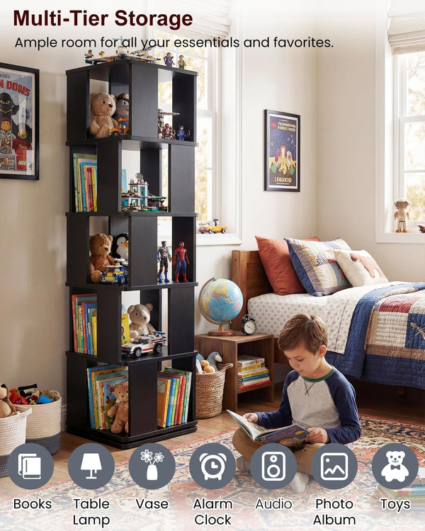 5-Tier Rotating Bookshelf with 360° Swivel Base