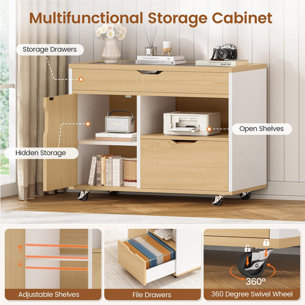L-Shaped Desk with File Cabinet & Power Outlets