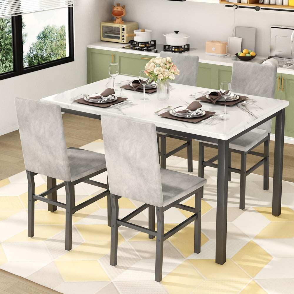 5-Piece Faux Marble Dining Table Set with 4 Upholstered Chairs