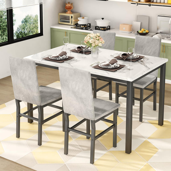 5-Piece Faux Marble Dining Table Set with 4 Upholstered Chairs
