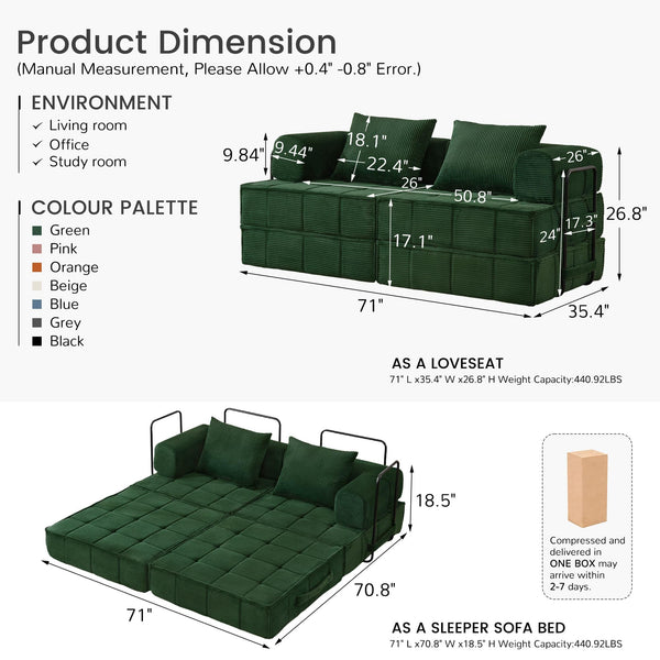 6-in-1 Convertible Sleeper Sofa Bed with Corduroy Folding Mattress & Modular Frame