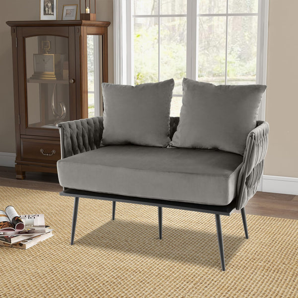 Woven Loveseat Sofa with Velvet Cushion & Metal Legs