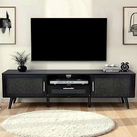 59-Inch Boho Rattan TV Stand with Storage