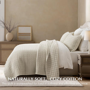 Stonewashed Cotton Waffle Quilt Set with Pillow Shams